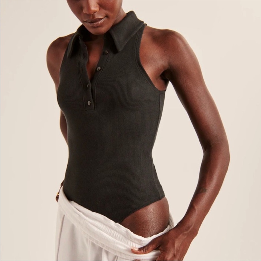 Abercrombie & Fitch Black Ribbed Polo Bodysuit